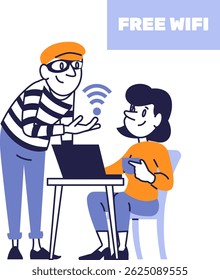 Риск кибербезопасности при использовании общественного Wi-Fi — карикатурный хакер, шпионящий за данными пользователей, предупреждение о безопасности в Интернете, угроза цифровой конфиденциальности в незащищенных беспроводных сетях