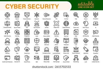 Cybersecurity Safety Icons – Secure Network, Data Protection, Firewall, Password, Hacking Prevention – Vector, Outline, Line, Minimal, Illustration