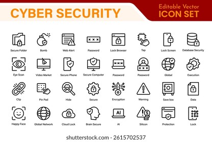 Cybersecurity Safety Icons – Secure Network, Data Protection, Firewall, Password, Hacking Prevention – Vector, Outline, Line, Minimal, Illustration