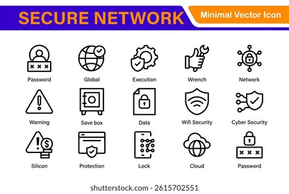 Cybersecurity Safety Icons – Secure Network, Data Protection, Firewall, Password, Hacking Prevention – Vector, Outline, Line, Minimal, Illustration