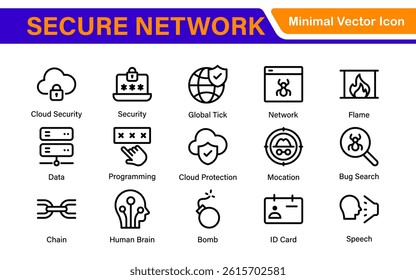 Cybersecurity Safety Icons – Secure Network, Data Protection, Firewall, Password, Hacking Prevention – Vector, Outline, Line, Minimal, Illustration