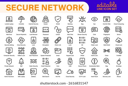 Cybersecurity Safety Icons – Secure Network, Data Protection, Firewall, Password, Hacking Prevention – Vector, Outline, Line, Minimal, Illustration