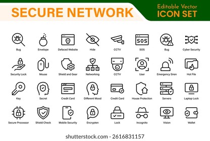 Cybersecurity Safety Icons – Secure Network, Data Protection, Firewall, Password, Hacking Prevention – Vector, Outline, Line, Minimal, Illustration