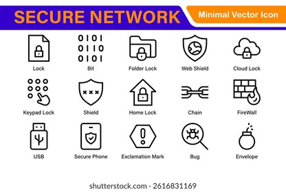 Cybersecurity Safety Icons – Secure Network, Data Protection, Firewall, Password, Hacking Prevention – Vector, Outline, Line, Minimal, Illustration