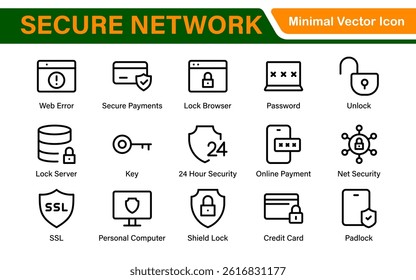 Cybersecurity Safety Icons – Secure Network, Data Protection, Firewall, Password, Hacking Prevention – Vector, Outline, Line, Minimal, Illustration