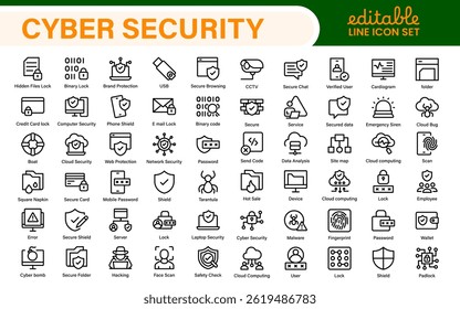 Cybersecurity Safety Icons – Secure Network, Data Protection, Firewall, Password, Hacking Prevention – Vector, Outline, Line, Minimal, Illustration