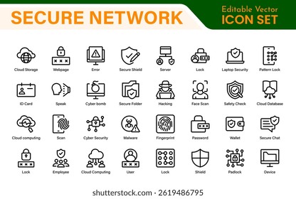 Cybersecurity Safety Icons – Secure Network, Data Protection, Firewall, Password, Hacking Prevention – Vector, Outline, Line, Minimal, Illustration