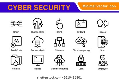 Cybersecurity Safety Icons – Secure Network, Data Protection, Firewall, Password, Hacking Prevention – Vector, Outline, Line, Minimal, Illustration