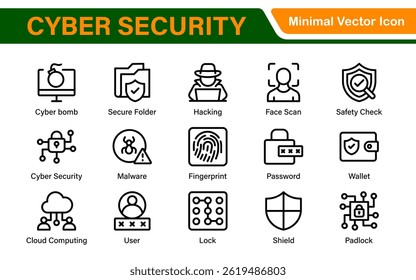 Cybersecurity Safety Icons – Secure Network, Data Protection, Firewall, Password, Hacking Prevention – Vector, Outline, Line, Minimal, Illustration