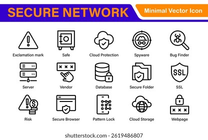 Cybersecurity Safety Icons – Secure Network, Data Protection, Firewall, Password, Hacking Prevention – Vector, Outline, Line, Minimal, Illustration