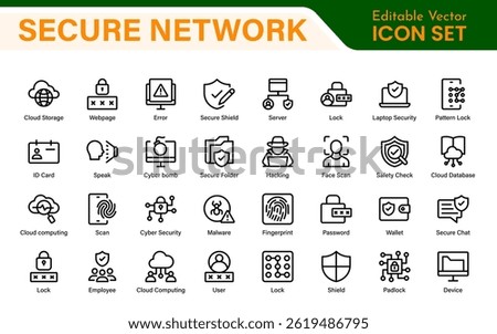 Cybersecurity Safety Icons – Secure Network, Data Protection, Firewall, Password, Hacking Prevention – Vector, Outline, Line, Minimal, Illustration
