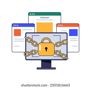 Cybersecurity and safety in web, flat cartoon vector illustration. Isolated computer with lock and chains, protected information and personal data. Cyberspace security and encryption