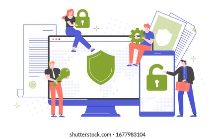 Cybersecurity, secure passwords and site registration. Computer and smartphone protection by antivirus software. People with a lock, key, gear. Devices screens.  Vector flat.