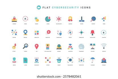 Cybersecurity, secure payment operation and hosting, privacy data protection for computers in network, mobile app color icon set. Biometric recognition, system update flat elements vector illustration