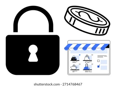 Cibersegurança, pagamentos seguros, comércio eletrônico, compras on-line, segurança de transações, segurança financeira digital. Fechadura, moeda e loja de e-commerce. Conceito de cibersegurança e de pagamentos seguros