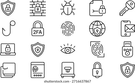 Iconos de ciberseguridad y seguridad con cerraduras y huellas dactilares Palabras claves ciberseguridad, seguridad