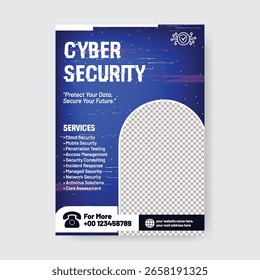 Cartel del servicio de ciberseguridad o Plantilla de folleto, folleto futurista promocional o cartel para conciencia de seguridad cibernética y folleto, Plantilla de folleto