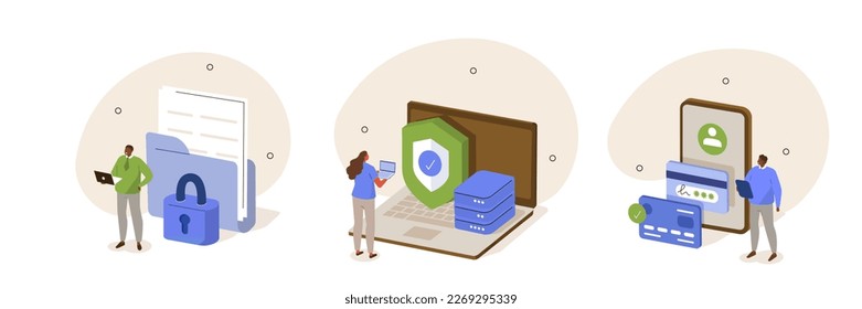 Ciberseguridad. Caracteres que realizan pagos seguros en línea, comparten documentos en la nube y monitorean la seguridad del servidor para proteger los datos de ataques cibernéticos. Concepto de protección de datos. Ilustración vectorial.