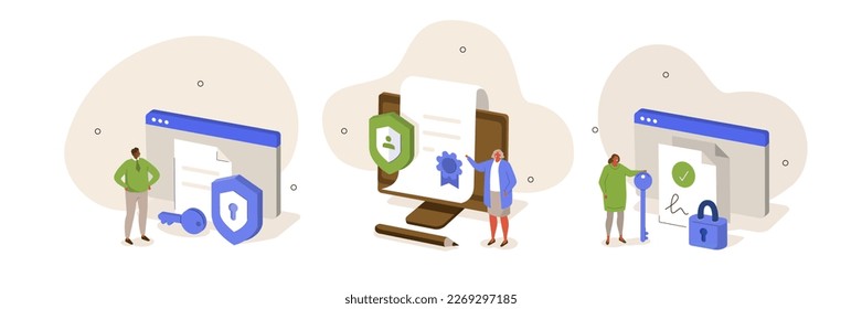 
Cybersecurity set. Characters protect cloud shared documents by using secure electronic signature and cyber security services. Digital contract management concept. Vector illustration.