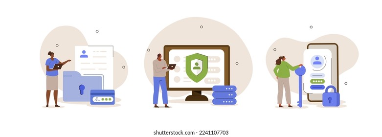 Cybersecurity set. Characters using cyber security services to protect private personal data, credit card pin, user account password. Data protection concept. Vector illustration.