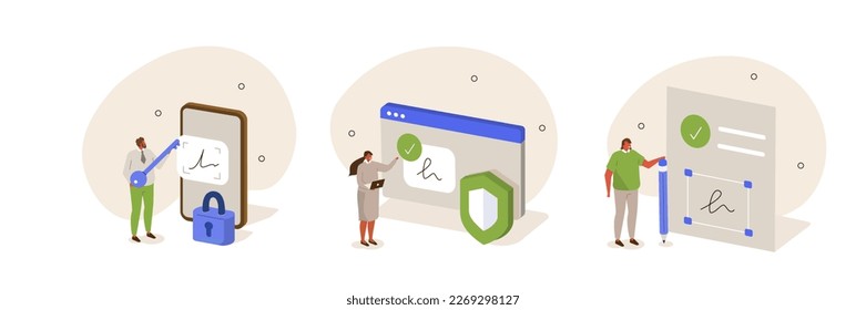 Cybersecurity set. Characters using secure electronic signature to signing smart digital contract or cloud shared document. Cyber security and data protection concept. Vector illustration.