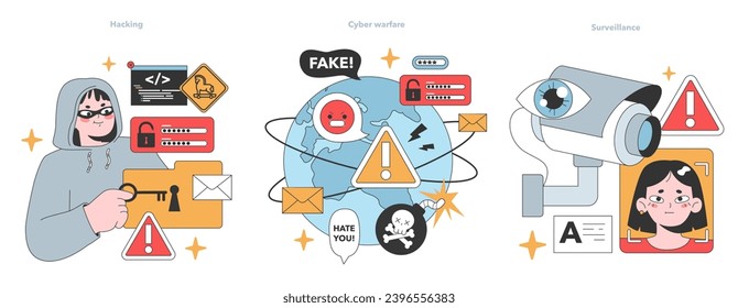 Cybersecurity set. Hacker with coding skills, global cyber attacks with fake alerts, and high-tech surveillance monitoring. Threats, risks, and personal data exposure. Flat vector illustration.