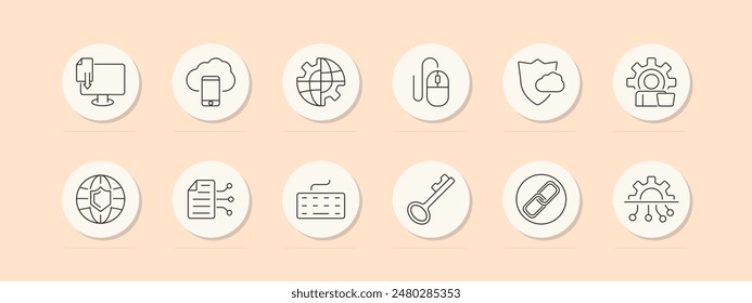 Cybersecurity set icon. Cloud storage, network, mouse, shield, documents, key, link. Technology, security, internet concept. Vector line icons on beige background.