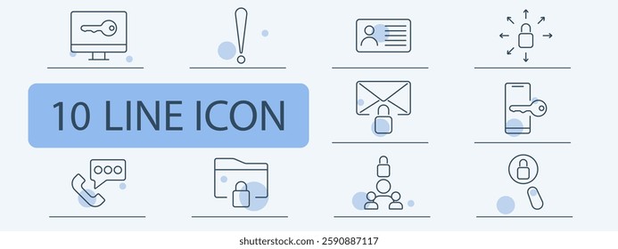 Cybersecurity set icon. Digital key, alert, ID verification, data encryption, email protection, access control, mobile authentication, secure communication, privacy lock, authorization.