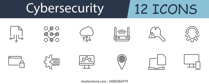 Symbol "Cybersecurity set". Dokument, Netzwerk, Cloud, Router, Schraubenschlüssel, Zahnrad, Schild, Schloss, Monitor, Positionsstift. Digitale Sicherheit, Datenschutz, Netzwerksicherheitskonzept.