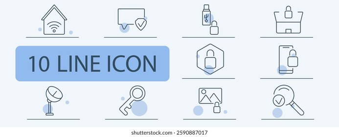 Cybersecurity set icon. Smart home security, encrypted messages, data protection, shopping security, mobile lock, satellite communication, authentication key, digital privacy, secure images, verified