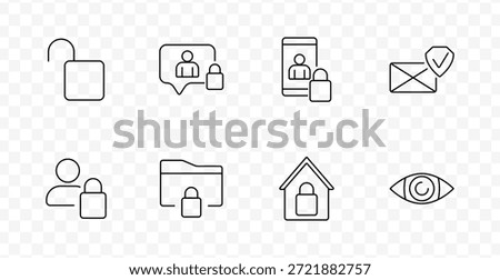 Cybersecurity set icon. Thin icons depict padlocks, users, envelopes, house, eye, folders, smartphone, and speech bubbles focused on privacy, access, and secure communication.