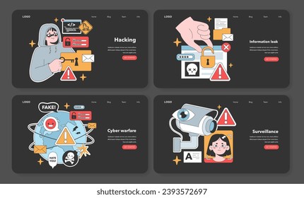 Cybersecurity set. Masked hacker's digital breach, unintended data exposure, global online threats, and watchful camera eyes safeguarding data. Flat vector illustration