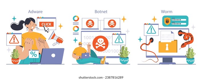 Cybersecurity set. Protecting data from threats. Users confronting various malware types: virus, ransomware, spyware. Adware dangers, botnet traps, worm intrusions. Flat vector illustration