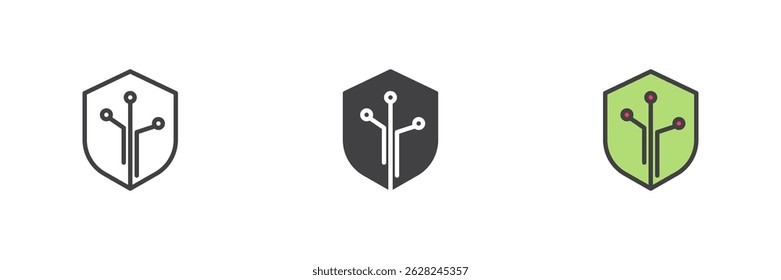 Cybersecurity shield different style icon set. Line, glyph and filled outline colorful version, outline and filled vector sign. Symbol, logo illustration. Vector graphics