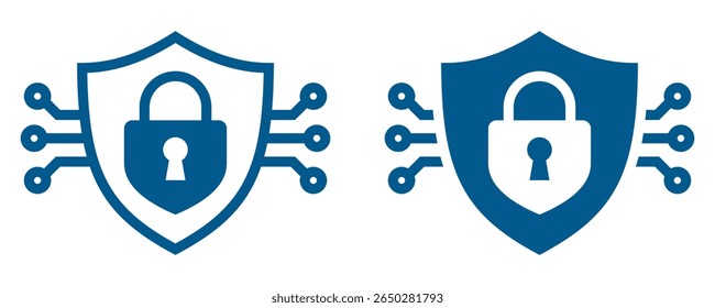 Cybersecurity shield with digital padlock center. Vector icon.
