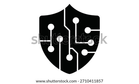 Cybersecurity shield emblem with integrated digital circuit board pattern, representing data protection and network security concepts.