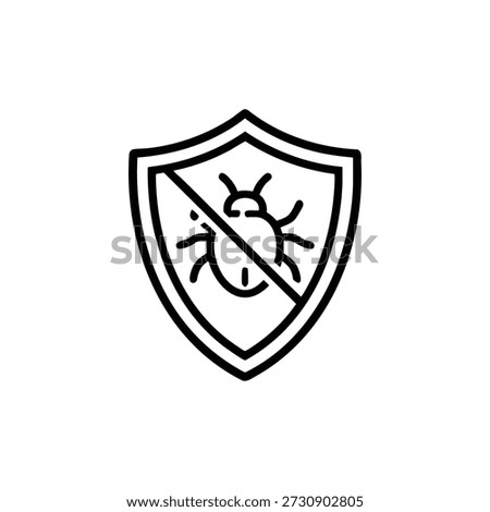 Cybersecurity shield icon with antivirus protection bug blocked black and white line vector illustration