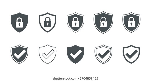 Cybersecurity shield icons set with lock and check mark symbols, representing digital protection and verification system. Vector