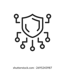 Escudo de cibersegurança, ícone linear. Proteção de dados e segurança digital. Linha com traçado editável.