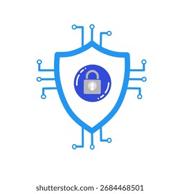 Cybersecurity shield with lock and circuit lines, digital data protection icon