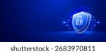 Cybersecurity shield with padlock on a blue digital background