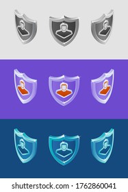 Cyber-Security Shield of Personal Data. Set of isometric pictograms in varicous color combinations represented as metallic shields contains a male character attached to the center of each of them.