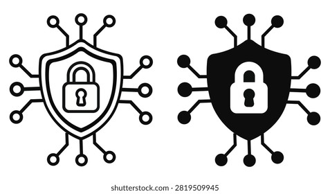 Cybersecurity shield vector icon set with secure lock protection concept perfect for network security data privacy encryption technology branding software applications and commercial digital projects