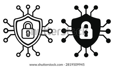 Cybersecurity shield vector icon set with secure lock protection concept perfect for network security data privacy encryption technology branding software applications and commercial digital projects