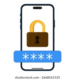 Smartphone de ciberseguridad con candado y campo de Contraseña. Clipart de protección de datos móvil, perfecto para el diseño de autenticación de dos factores, gráficos de Inicio de sesión seguros, conceptos de privacidad digital.