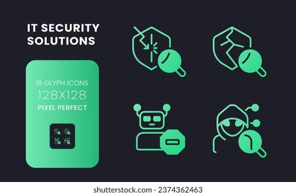 Cybersecurity solutions green solid gradient desktop icons. Hacking prevention. Bot traffic detection. Pixel perfect 128x128, outline 4px. Glyph pictograms kit for dark theme. Isolated vector images