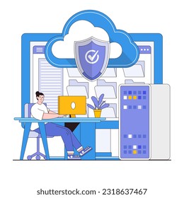 Concepto de ilustración vectorial de soluciones de ciberseguridad con caracteres. Software de seguridad, herramientas de detección de amenazas, protección de red. Moderno estilo plano para página de inicio, banner web, infografías.