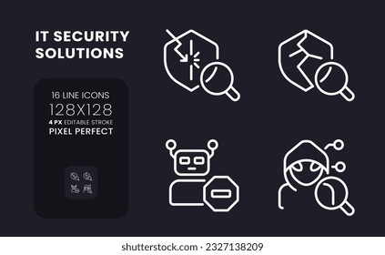 Cybersecurity solutions white linear desktop icons on black. Bot traffic detection. Pixel perfect 128x128, outline 4px. Isolated interface symbols pack for dark mode. Editable stroke