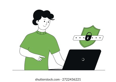 Especialista en ciberseguridad, hacker. Hackeo ético para evaluación de seguridad cibernética, análisis de vulnerabilidades. Protección de la seguridad de la información. Ilustración vectorial plana aislada sobre fondo blanco. Tecnología informática, industria informática