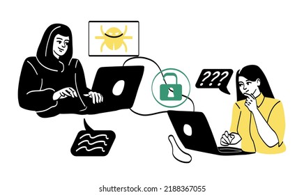 Cybersecurity and Spyware development. Male hacker with laptop steals personal data, money or user information. Antivirus or security system against cyber attacks. Cartoon flat vector illustration